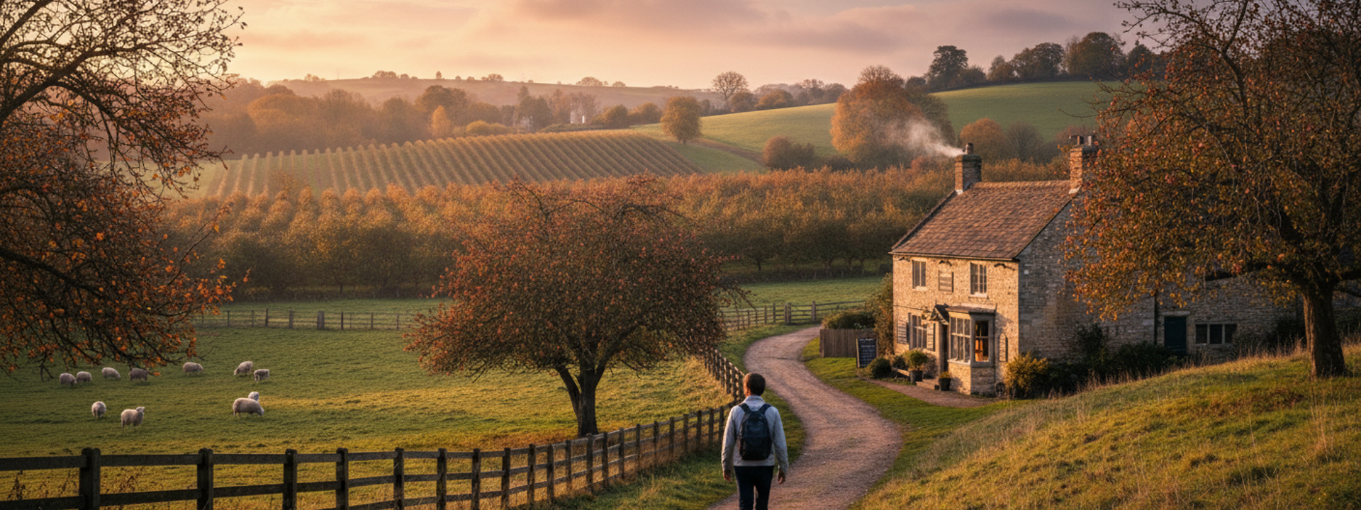 A man walking down a country lane ijn the golden sunlight 