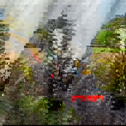 steam train face on going down the track flanked by trees 